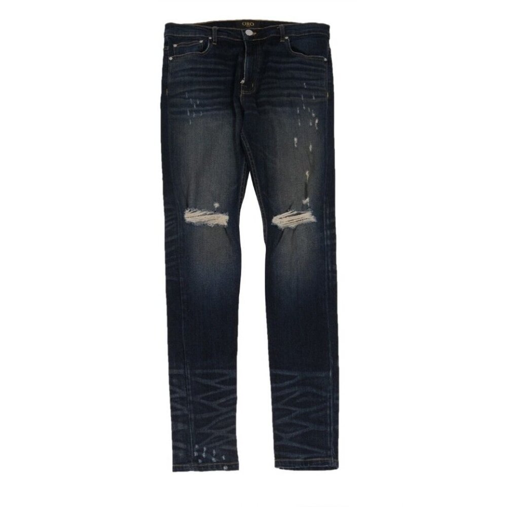 Oro Mens Distressed Knee Slash Rustic Jeans Size 32x32 Dark Blue Stretch Denim